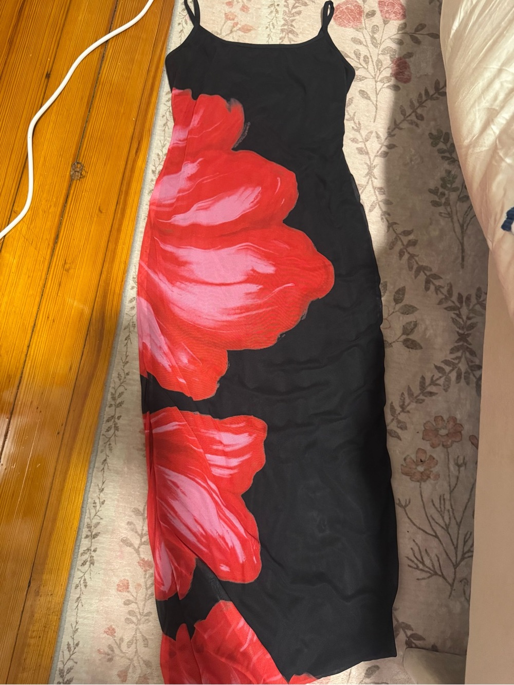 Black Slip Dress with Red Floral Print